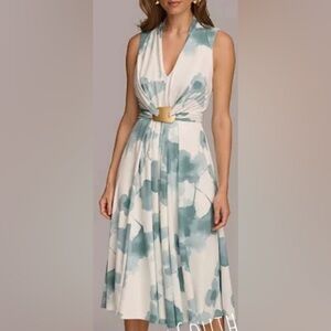 Donna Karan White Dress with Seafoam Green Watercolor Print